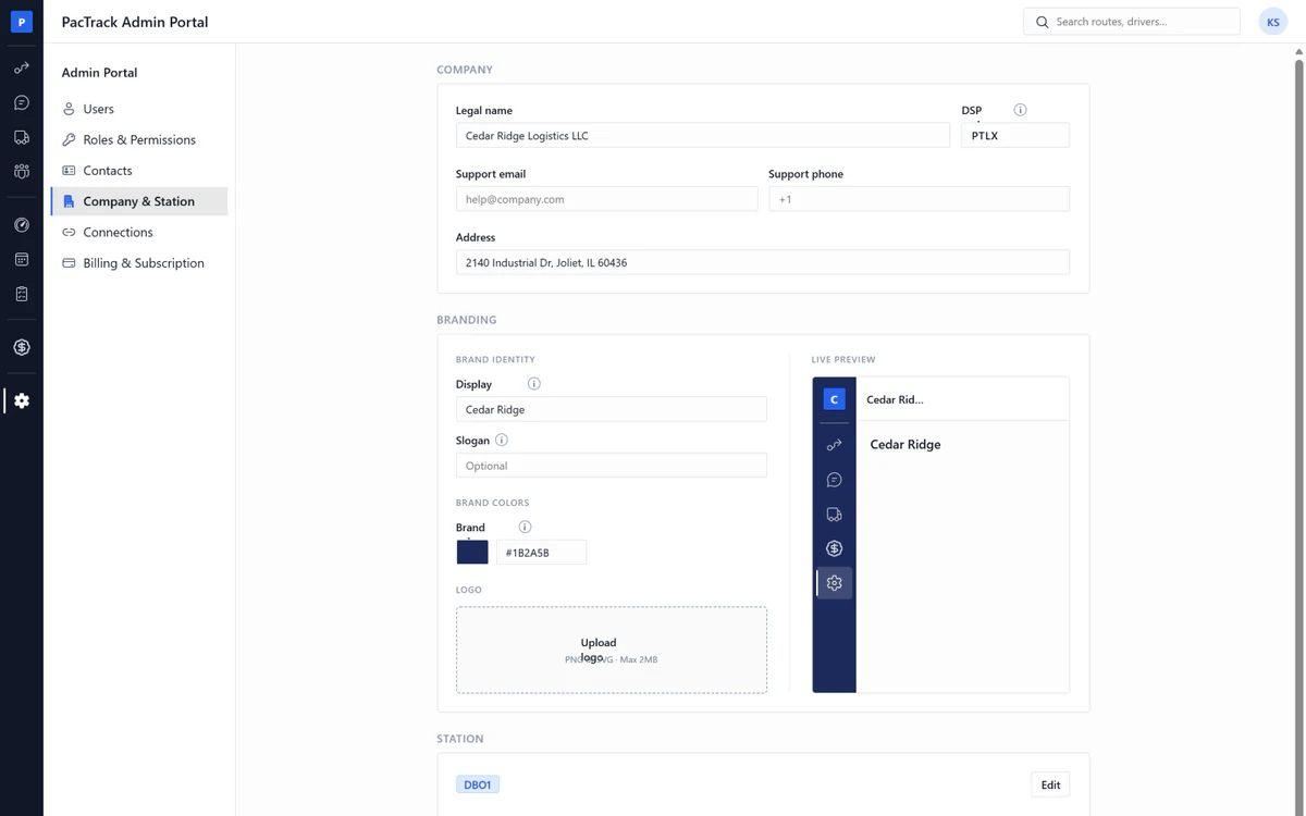 Amazon DSP admin software - Company & Station page